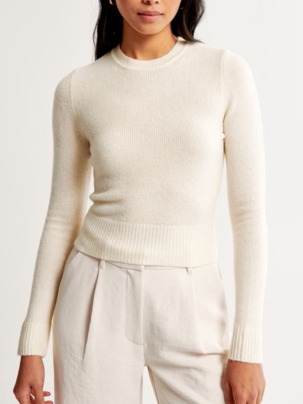 Abercrombie & Fitch Women's Ivory Slim Ribbed Crewneck Sweater